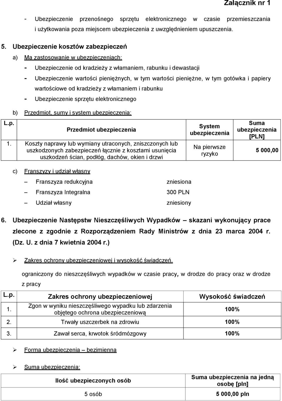 gotówka i papiery wartościowe od kradzieży z włamaniem i rabunku - Ubezpieczenie sprzętu elektronicznego b) Przedmiot, sumy i system : L.p. Przedmiot 1.