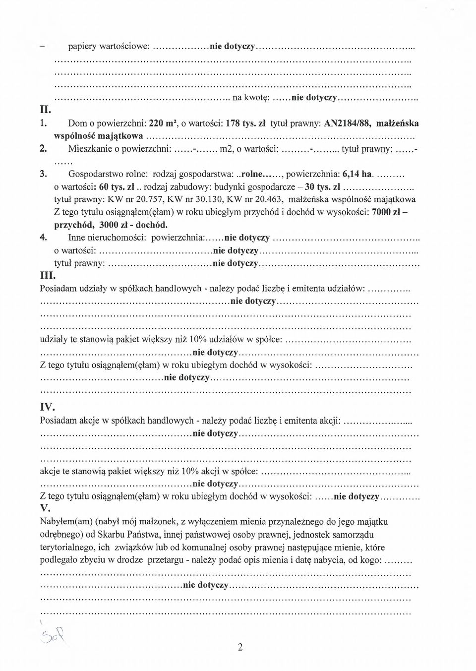 757, KW nr 30.130, KW nr 20.463, małżeńska wspólność majątkowa Z tego tytułu osiągnąłem(ęłam) w roku ubiegłym przychód i dochód w wysokości: 7000 zł - przychód, 3000 zł - dochód. 4.