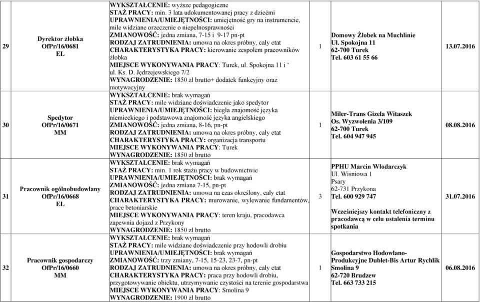 PRACY: kierowanie zespołem pracowników żłobka, ul. Spokojna i ul. Ks. D.