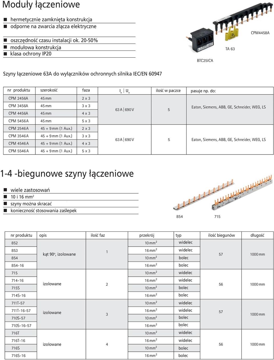 -50% modular modułowa construction konstrukcja klasa protection ochrony class IP BTC25ICA TA 63 CPM4458A Szyny Busbars łączeniowe 63A for motor 63A do protective wyłączników switches ochronnych