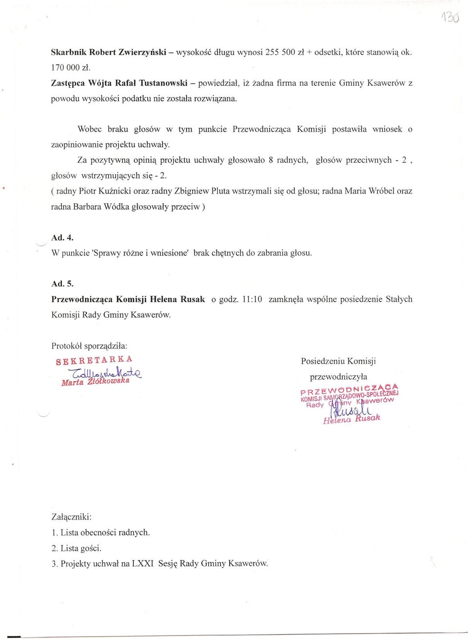 Za pozytywna opinia projektu uchwaly glosowalo 8 radnych, glosów przeciwnych - 2, glosów sie - 2.