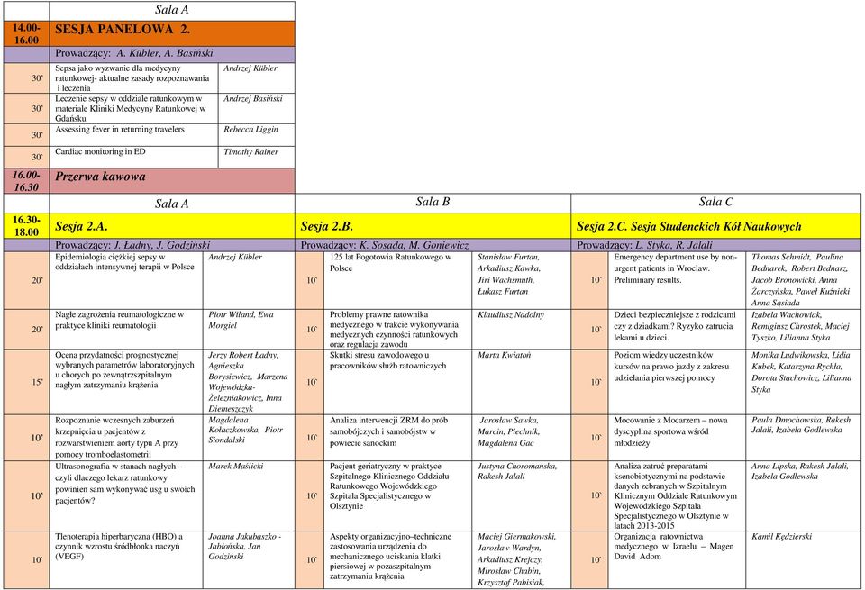 in returning travelers Cardiac monitoring in ED Andrzej Kübler Andrzej Basiński Rebecca Liggin Timothy Rainer Sala B Sala C Sesja 2.A. Sesja 2.B. Sesja 2.C. Sesja Studenckich Kół Naukowych Prowadzący: J.