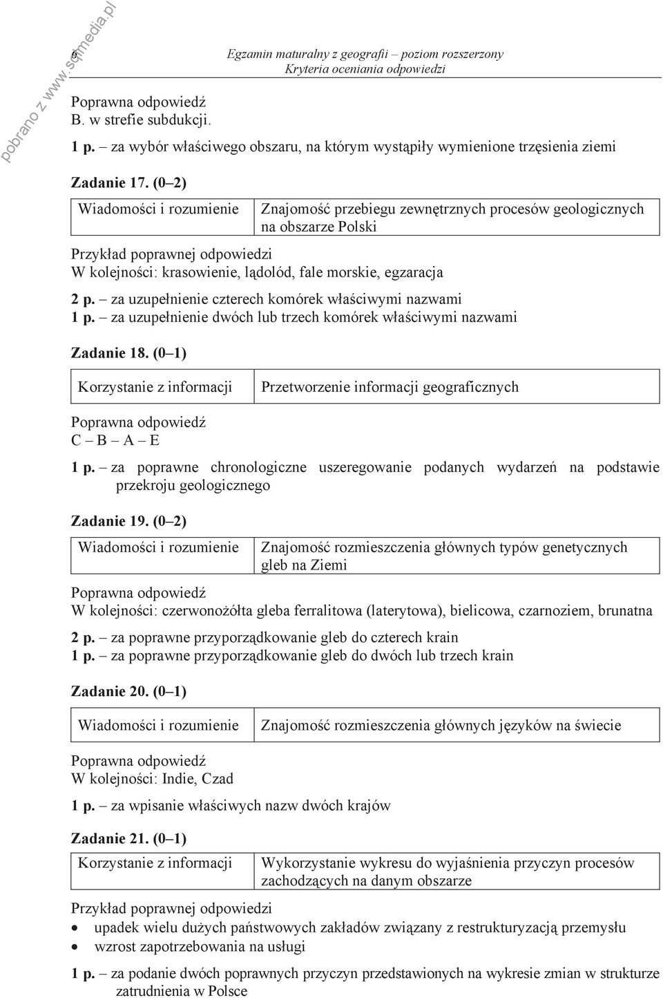 za uzupe nienie dwóch lub trzech komórek w a ciwymi nazwami Zadanie 18. (0 1) Przetworzenie informacji geograficznych C B A E 1 p.