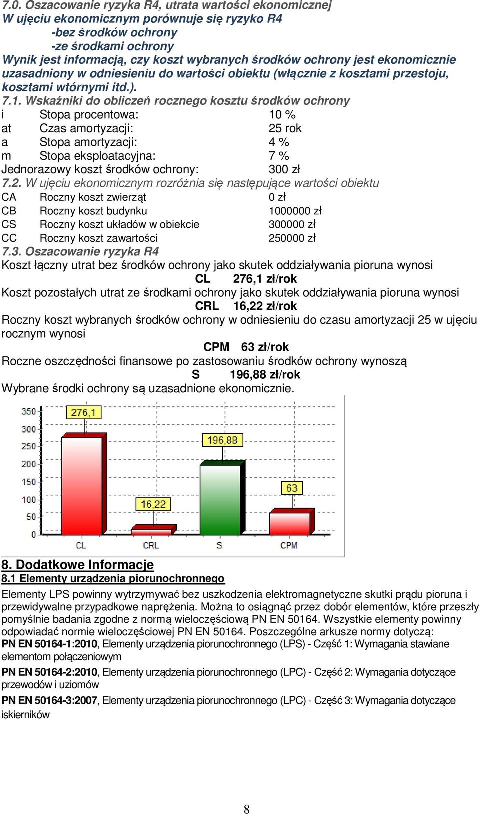 Wskaźniki do obliczeń rocznego kosztu środków ochrony i Stopa procentowa: 10 % at Czas amortyzacji: 25 rok a Stopa amortyzacji: 4 % m Stopa eksploatacyjna: 7 % Jednorazowy koszt środków ochrony: 300