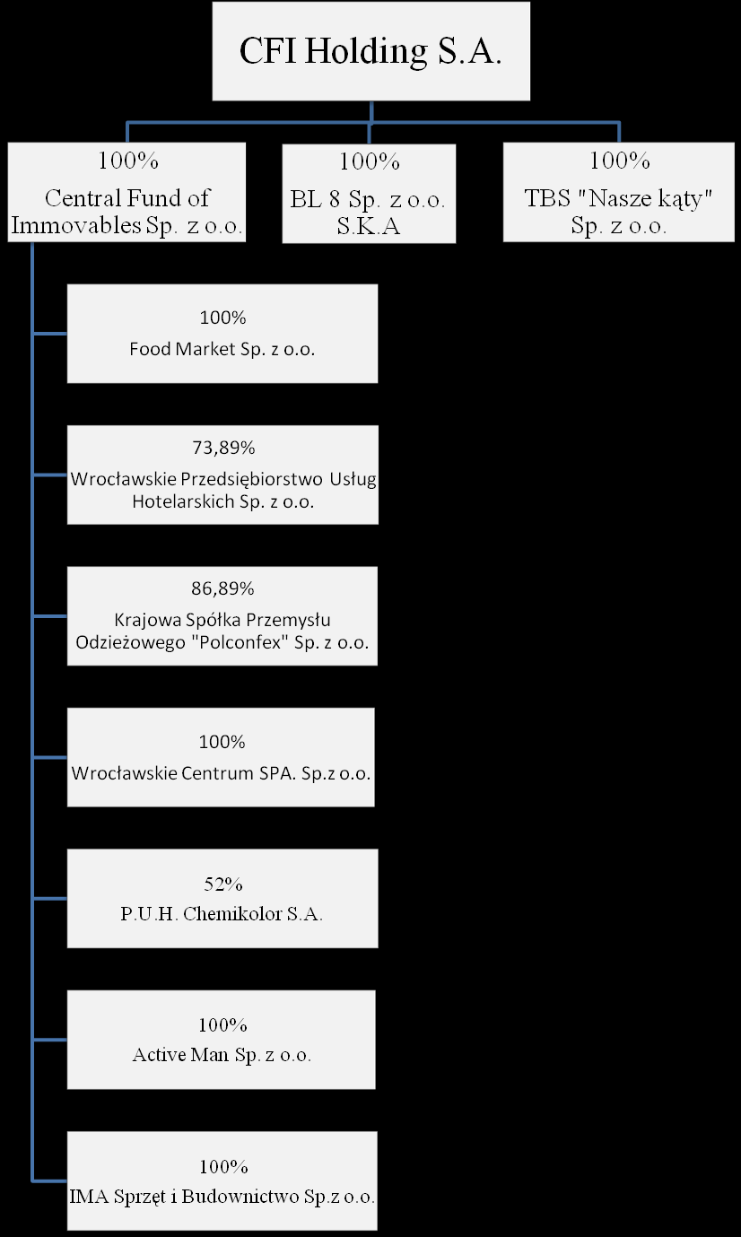 Schemat grupy kapitałowej CFI Holding S.A. na 30.09.2015r.: Spółka dominująca: Nazwa pełna: CFI HOLDING S.A. Adres siedziby: 50-050 Wrocław, ul.