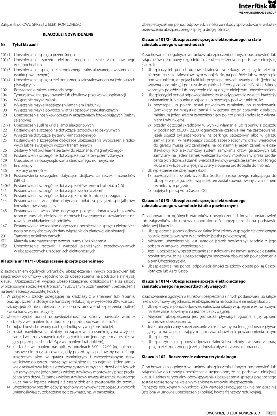 Rozszerzenie zakresu terytorialnego 104 Tymczasowe magazynowanie lub chwilowa przerwa w eksploatacji 106 Wyłączenie ryzyka zalania 107 Wyłączenie ryzyka kradzieży z włamaniem i rabunku 108 Wyłączenie