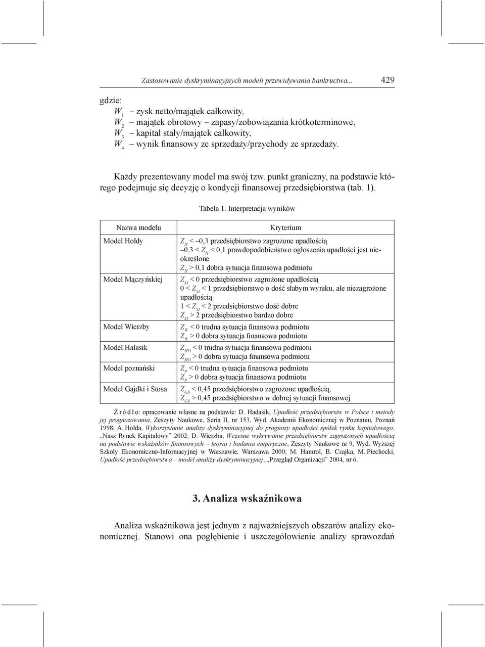 Każdy prezentowany model ma swój tzw. punkt graniczny, na podstawie którego podejmuje się decyzję o kondycji finansowej przedsiębiorstwa (tab. 1). Tabela 1.