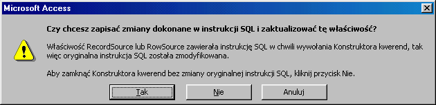 W oknie właściwości raportu na zakładce Dane kliknij w listę rozwijaną Źródło rekordów, potwierdź chęć utworzenia kwerendy.