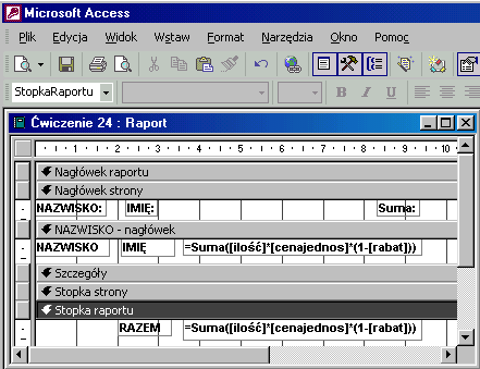=suma(ilość*cenajednos*(1-rabat)). Access zmieni ją na: =Suma([ilość]*[cenajednos]*(1-[rabat])). Format walutowy pola bardzo wskazany.