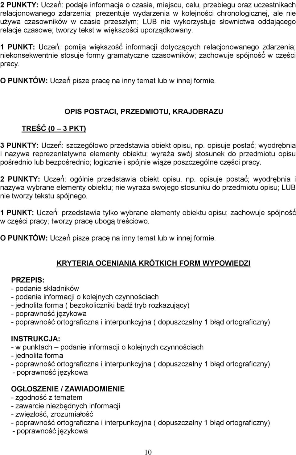 1 PUNKT: Uczeń : pomija większość informacji dotyczących relacjonowanego zdarzenia; niekonsekwentnie stosuje formy gramatyczne czasowników; zachowuje spójność w części pracy.