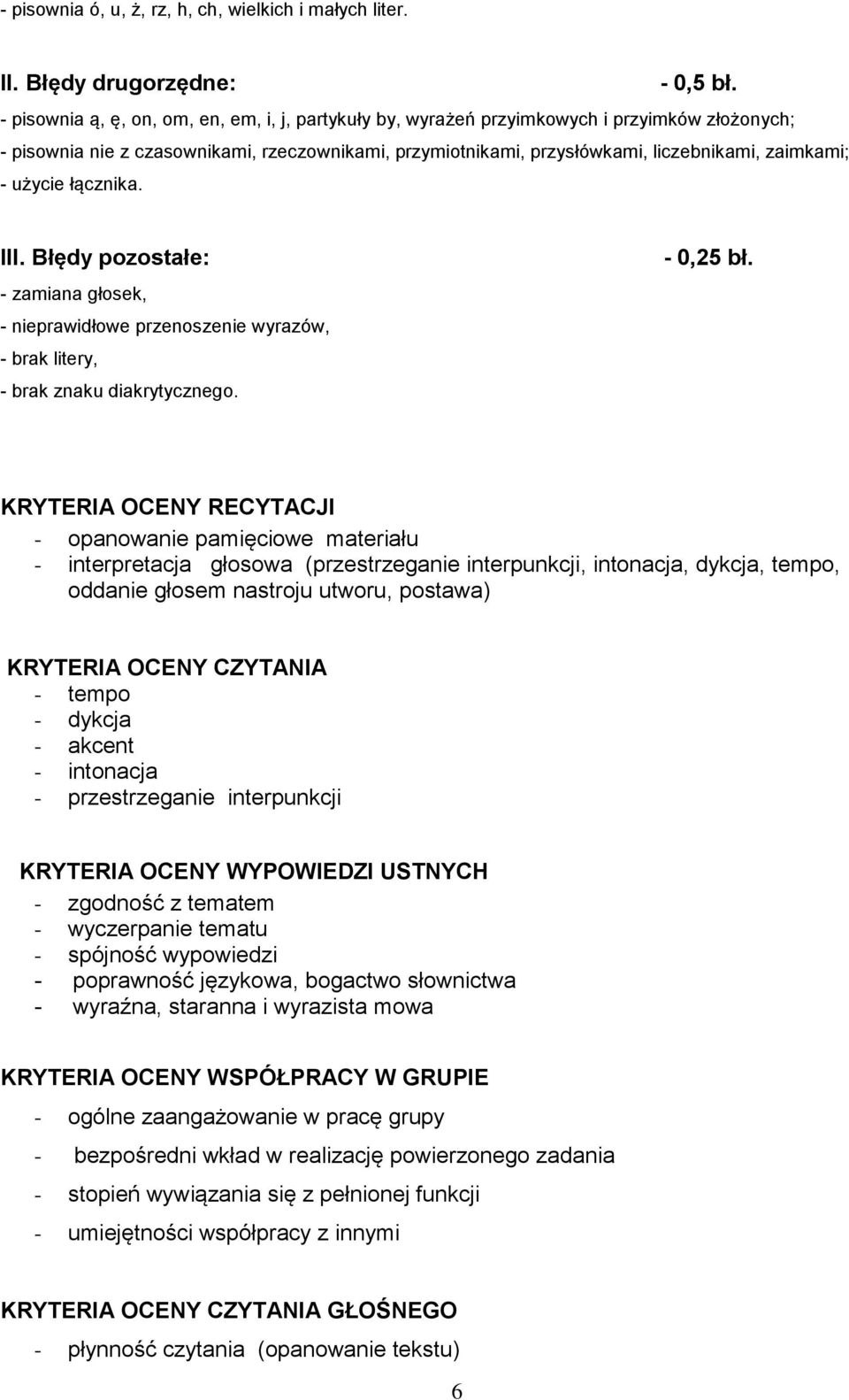 użycie łącznika. III. Błędy pozostałe: - zamiana głosek, - nieprawidłowe przenoszenie wyrazów, - brak litery, - brak znaku diakrytycznego. - 0,25 bł.