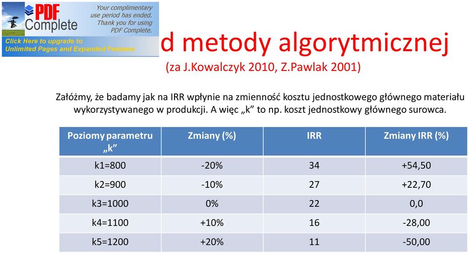 materiału wykorzystywanego w produkcji. A więc k to np. koszt jednostkowy głównego surowca.