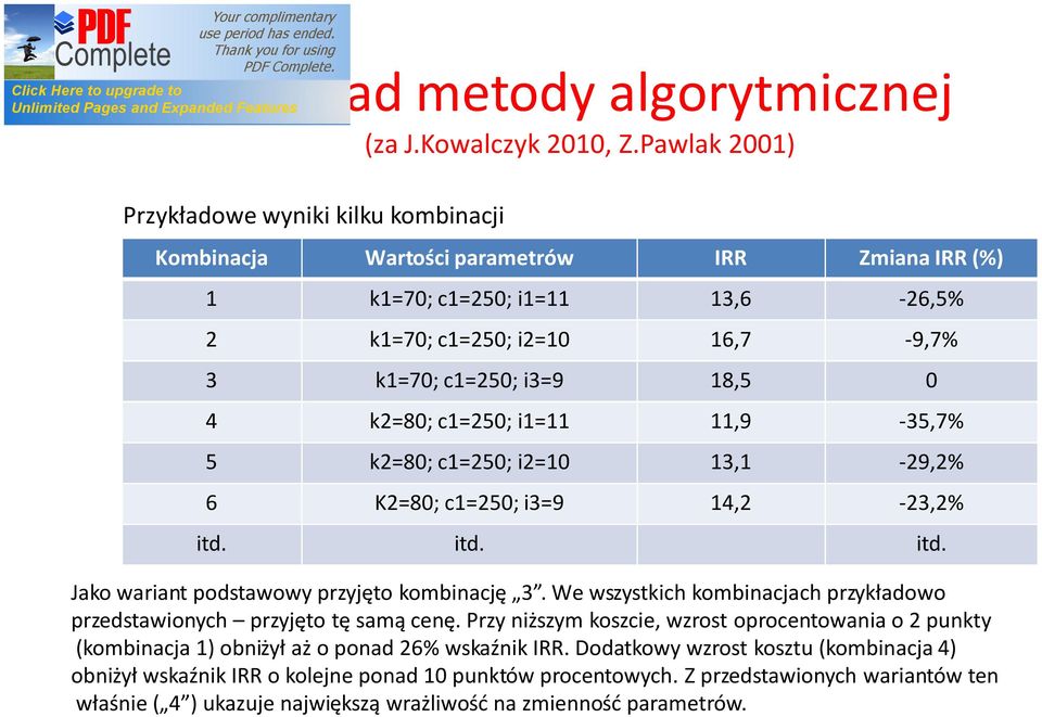 k2=80; c1=250; i1=11 11,9-35,7% 5 k2=80; c1=250; i2=10 13,1-29,2% 6 K2=80; c1=250; i3=9 14,2-23,2% itd. itd. itd. Jako wariant podstawowy przyjęto kombinację 3.