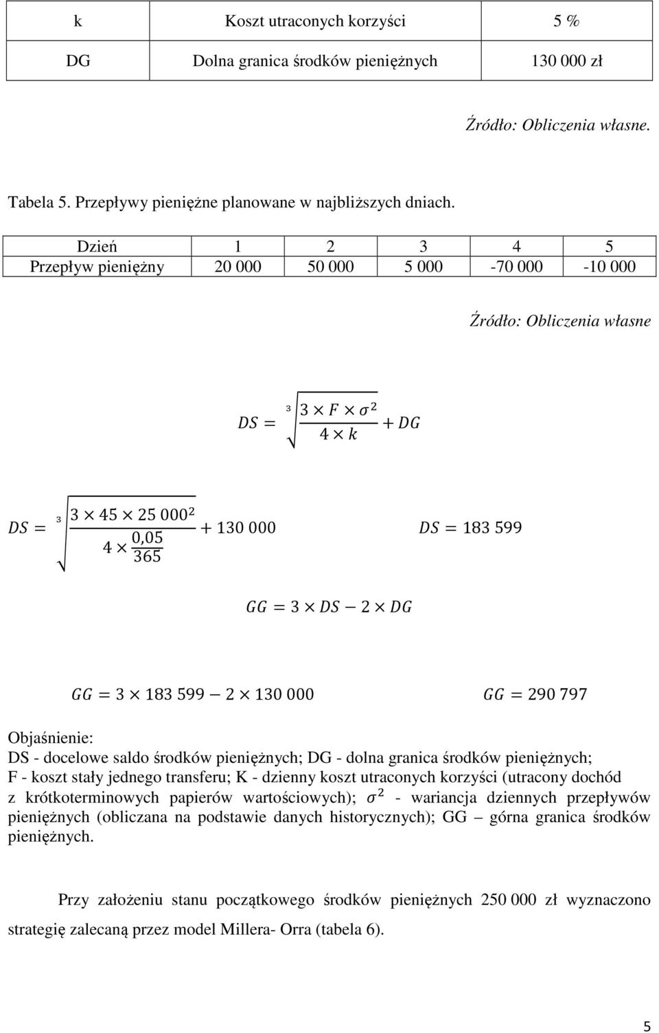 docelowe saldo środków pieniężnych; DG - dolna granica środków pieniężnych; F - koszt stały jednego transferu; K - dzienny koszt utraconych korzyści (utracony dochód z krótkoterminowych papierów