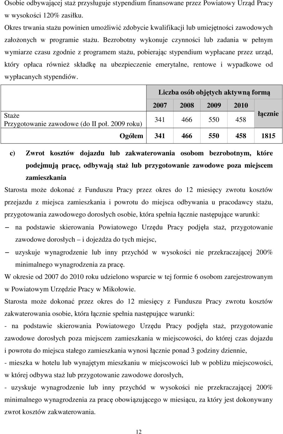 Bezrobotny wykonuje czynności lub zadania w pełnym wymiarze czasu zgodnie z programem stażu, pobierając stypendium wypłacane przez urząd, który opłaca również składkę na ubezpieczenie emerytalne,