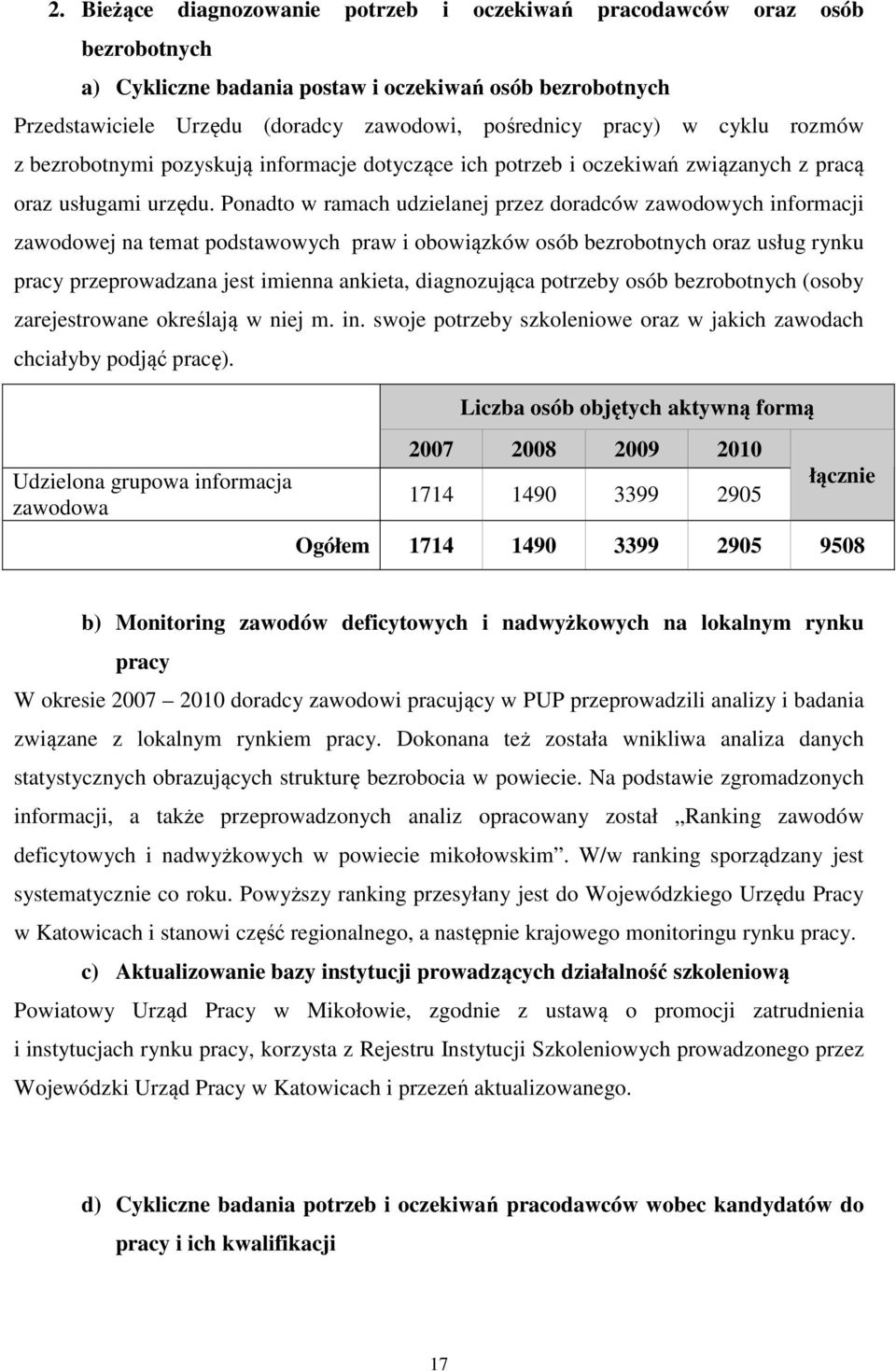 Ponadto w ramach udzielanej przez doradców zawodowych informacji zawodowej na temat podstawowych praw i obowiązków osób bezrobotnych oraz usług rynku pracy przeprowadzana jest imienna ankieta,