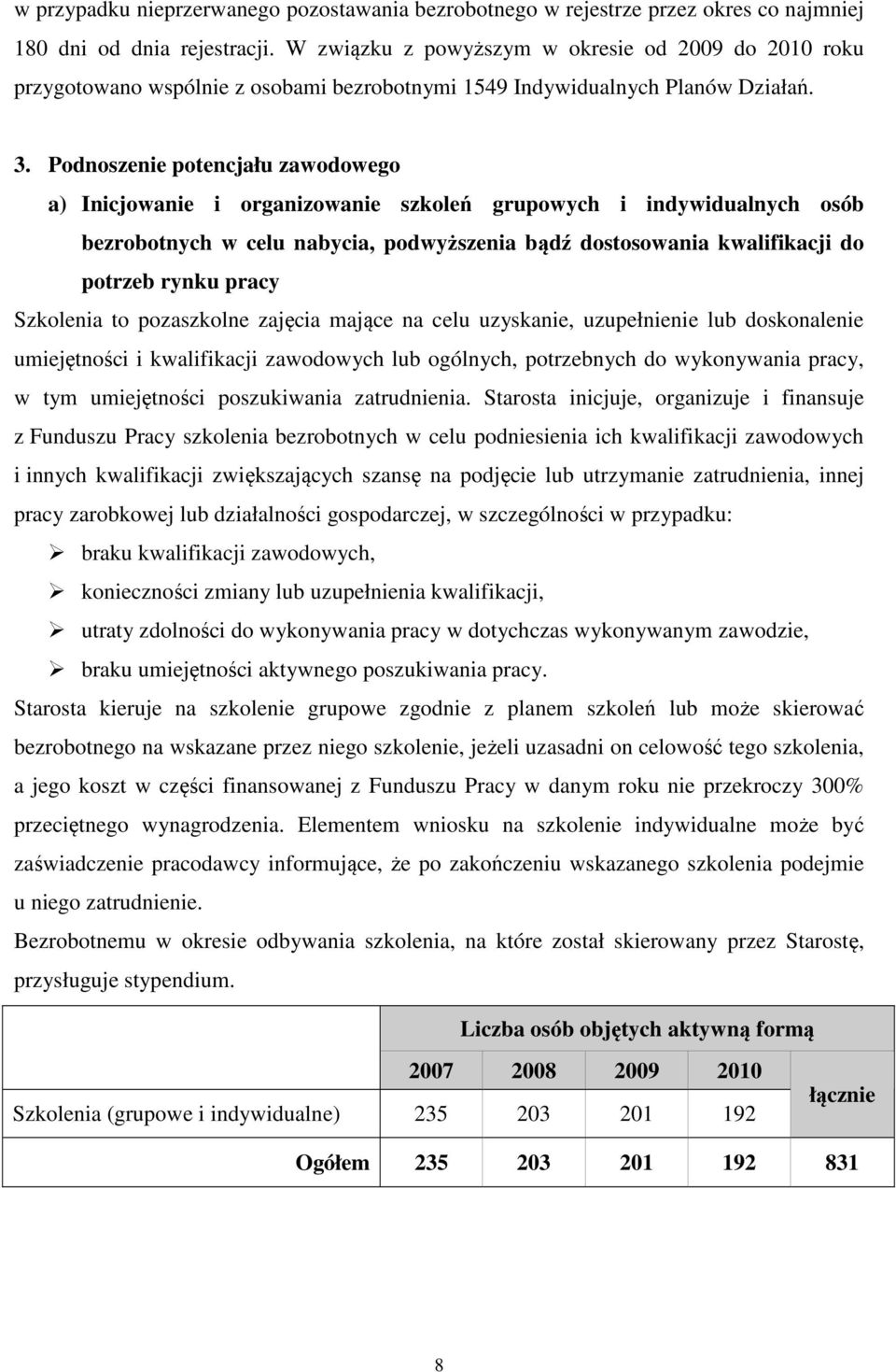 Podnoszenie potencjału zawodowego a) Inicjowanie i organizowanie szkoleń grupowych i indywidualnych osób bezrobotnych w celu nabycia, podwyższenia bądź dostosowania kwalifikacji do potrzeb rynku
