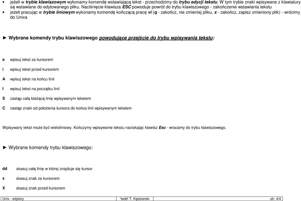 - zakończ, zapisz zmieniony plik) - wrócimy do Unixa Wybrane komendy trybu klawiszowego powodujące przejście do trybu wpisywania tekstu: a i A I S C wpisuj tekst za kursorem wpisuj tekst przed