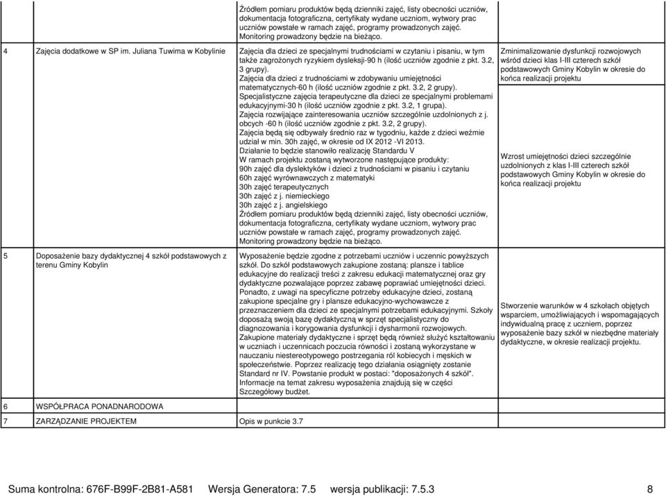 Juliana Tuwima w Kobylinie Zajęcia dla dzieci ze specjalnymi trudnościami w czytaniu i pisaniu, w tym także zagrożonych ryzykiem dysleksji-90 h (ilość uczniów zgodnie z pkt. 3.2, 3 grupy).