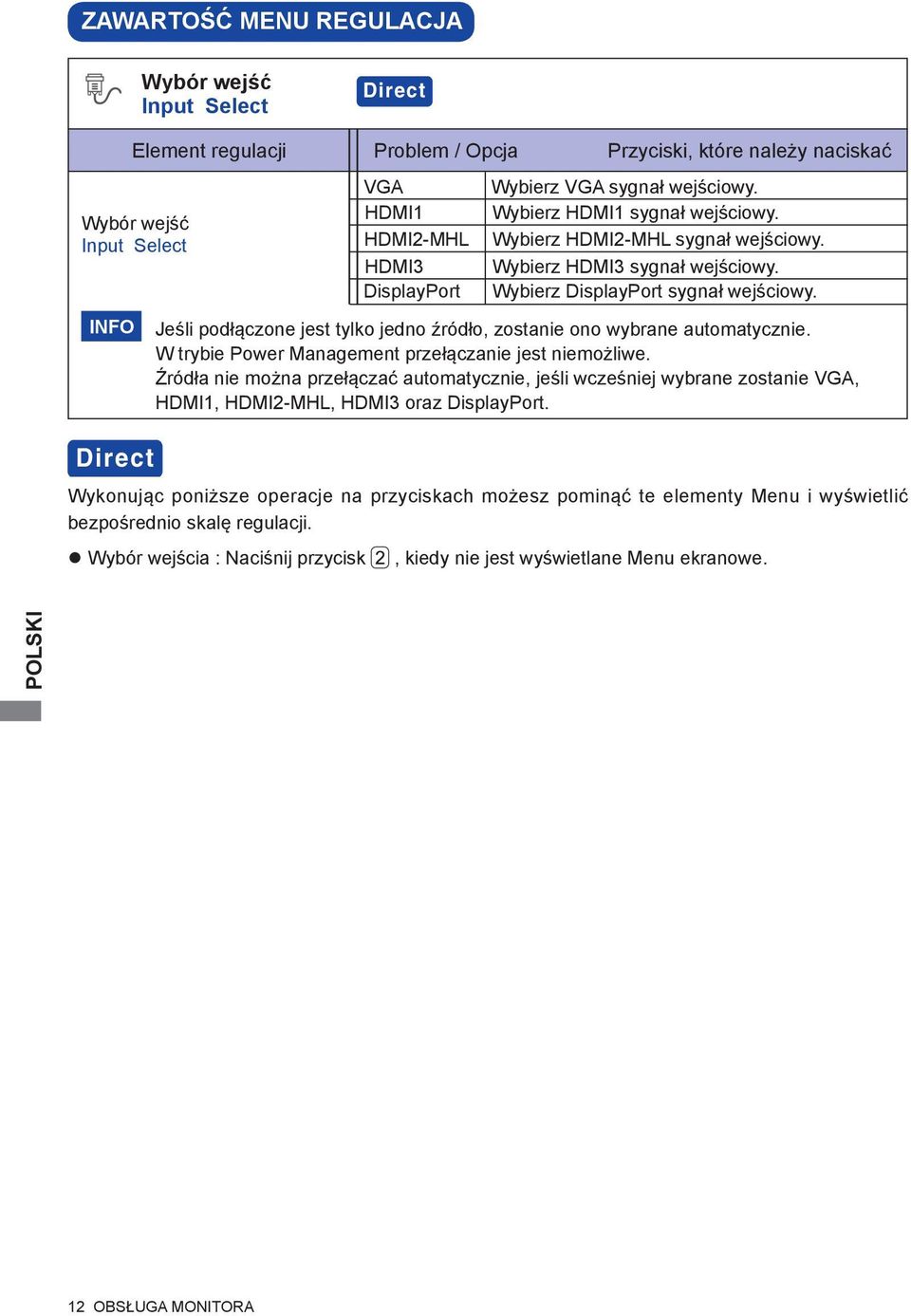 Jeśli podłączone jest tylko jedno źródło, zostanie ono wybrane automatycznie. W trybie Power Management przełączanie jest niemożliwe.