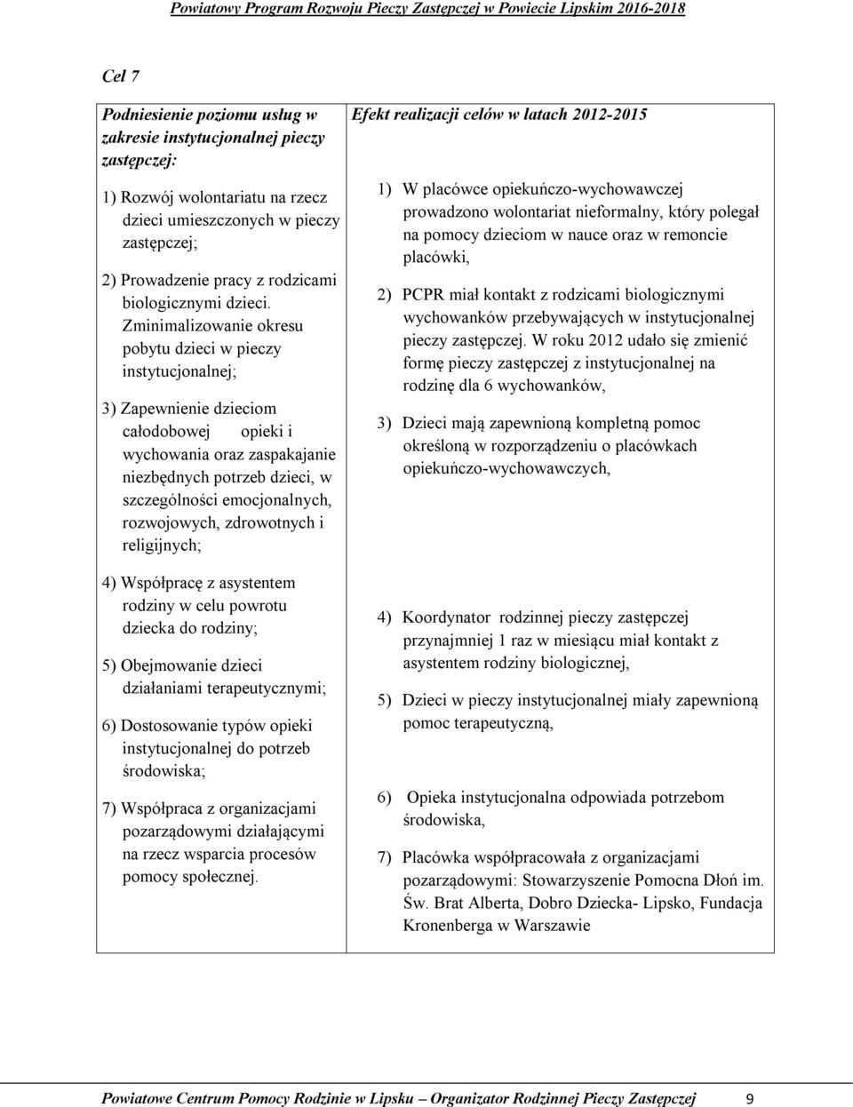 Zminimalizowanie okresu pobytu dzieci w pieczy instytucjonalnej; 3) Zapewnienie dzieciom całodobowej opieki i wychowania oraz zaspakajanie niezbędnych potrzeb dzieci, w szczególności emocjonalnych,