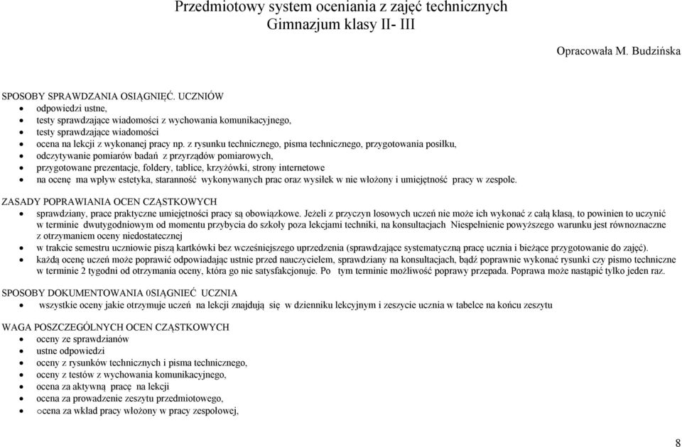 z rysunku technicznego, pisma technicznego, przygotowania posiłku, odczytywanie pomiarów badań z przyrządów pomiarowych, przygotowane prezentacje, foldery, tablice, krzyżówki, strony internetowe na