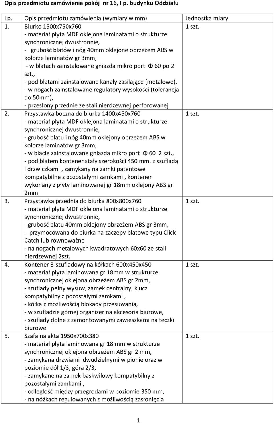 , - pod blatami zainstalowane kanały zasilające (metalowe), - w nogach zainstalowane regulatory wysokości (tolerancja do 50mm), - przesłony przednie ze stali nierdzewnej perforowanej 2.