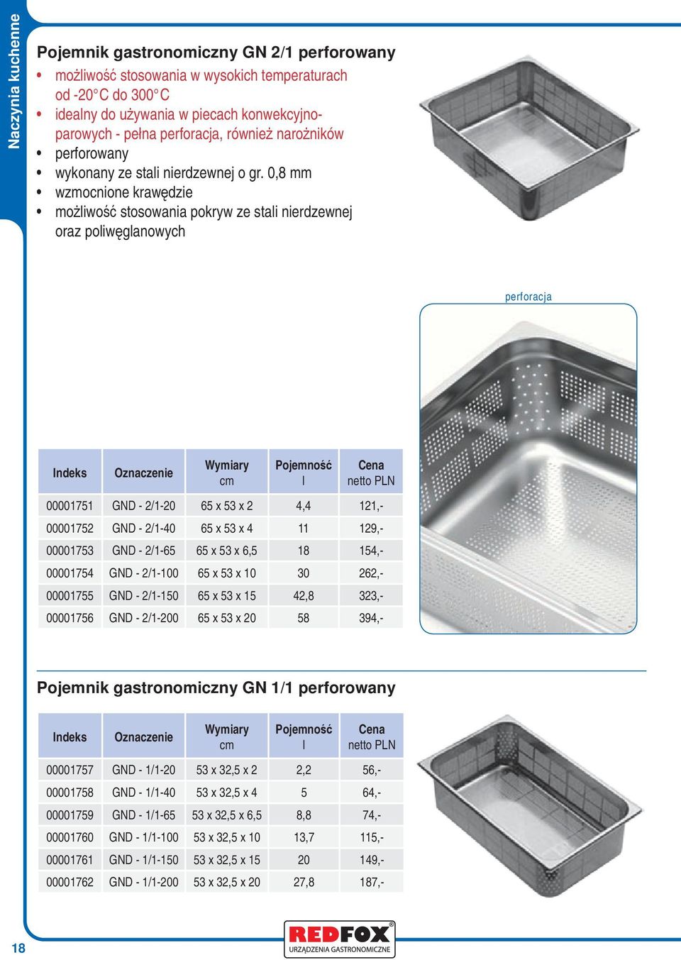 0,8 mm wzmocnione krawędzie możiwość stosowania pokryw ze stai nierdzewnej oraz poiwęganowych perforacja 00001751 GND - 2/1-20 65 x 53 x 2 4,4 121,- 00001752 GND - 2/1-40 65 x 53 x 4 11 129,-
