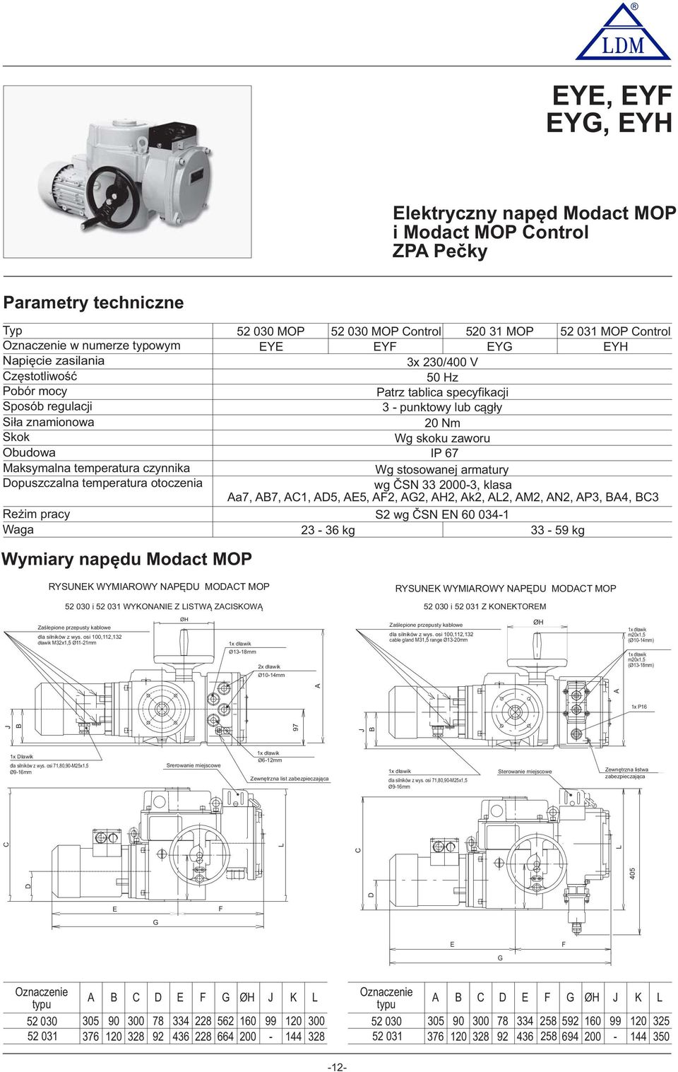 Control EYH 3x 230 / 00 V 50 Hz Patrz tablica specyfikacji 3 - punktowy lub cągły 20 Nm Wg skoku zaworu IP 67 Wg stosowanej armatury wg ČSN 33 2000-3, klasa Aa7, A7, AC, AD5, AE5, AF2, AG2, AH2, Ak2,