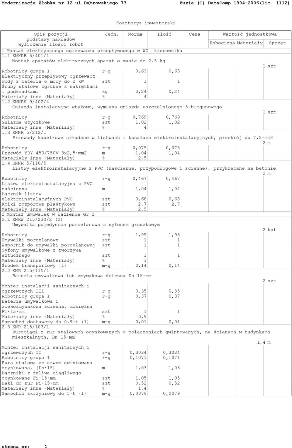 4 1.2 KNNRS 9/402/4 Gniazda instalacyjne wtykowe, wymiana gniazda uszczelnionego 3-biegunowego Robotnicy r-g 0,769 0,769 Gniazda wtyczkowe szt 1,02 1,02 Materiały inne (Materiały) % 4 1.