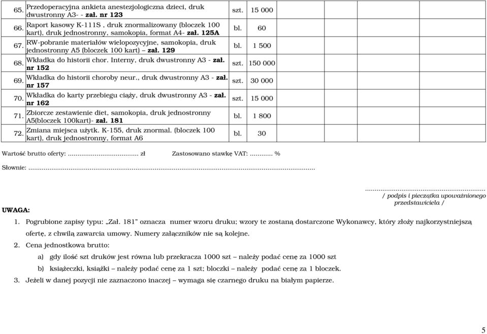 125A RW-pobranie materiałów wielopozycyjne, samokopia, druk jednostronny A5 (bloczek 100 kart) zał. 129 Wkładka do historii chor. Interny, druk dwustronny A3 - zał.