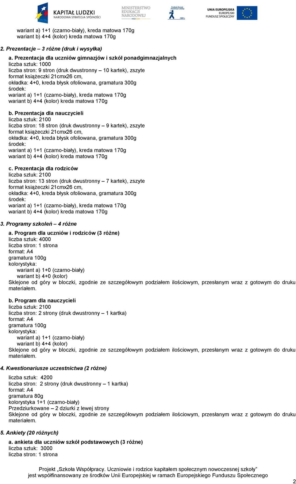 Programy szkoleń 4 różne a. Program dla uczniów i rodziców (3 różne) liczba sztuk: 4000 gramatura 100g kolorystyka: wariant a) 1+0 (czarno-biały) wariant b) 4+0 (kolor) b.