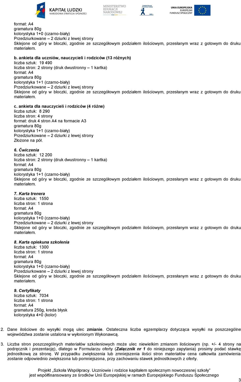 Karta trenera liczba sztuk: 1550 8. Karta opiekuna szkolenia liczba sztuk: 1300 9. Certyfikaty liczba sztuk: 7034 gramatura 250g, kreda błysk kolorystyka 4+0 (kolor) 2.