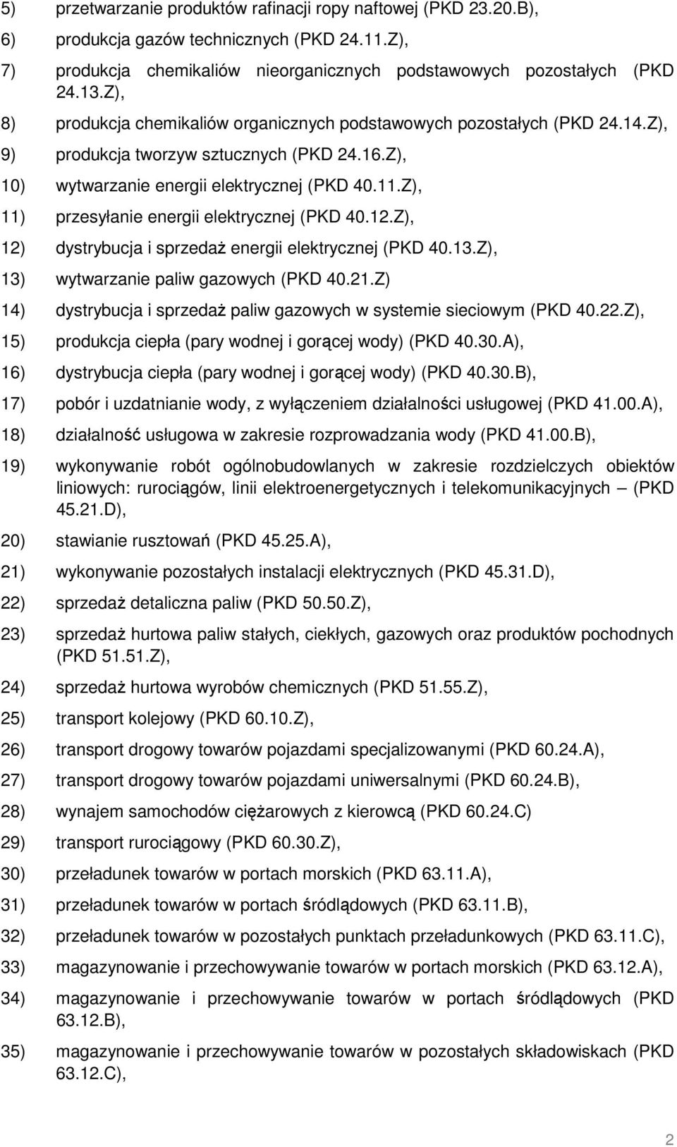 Z), 11) przesyłanie energii elektrycznej (PKD 40.12.Z), 12) dystrybucja i sprzedaŝ energii elektrycznej (PKD 40.13.Z), 13) wytwarzanie paliw gazowych (PKD 40.21.