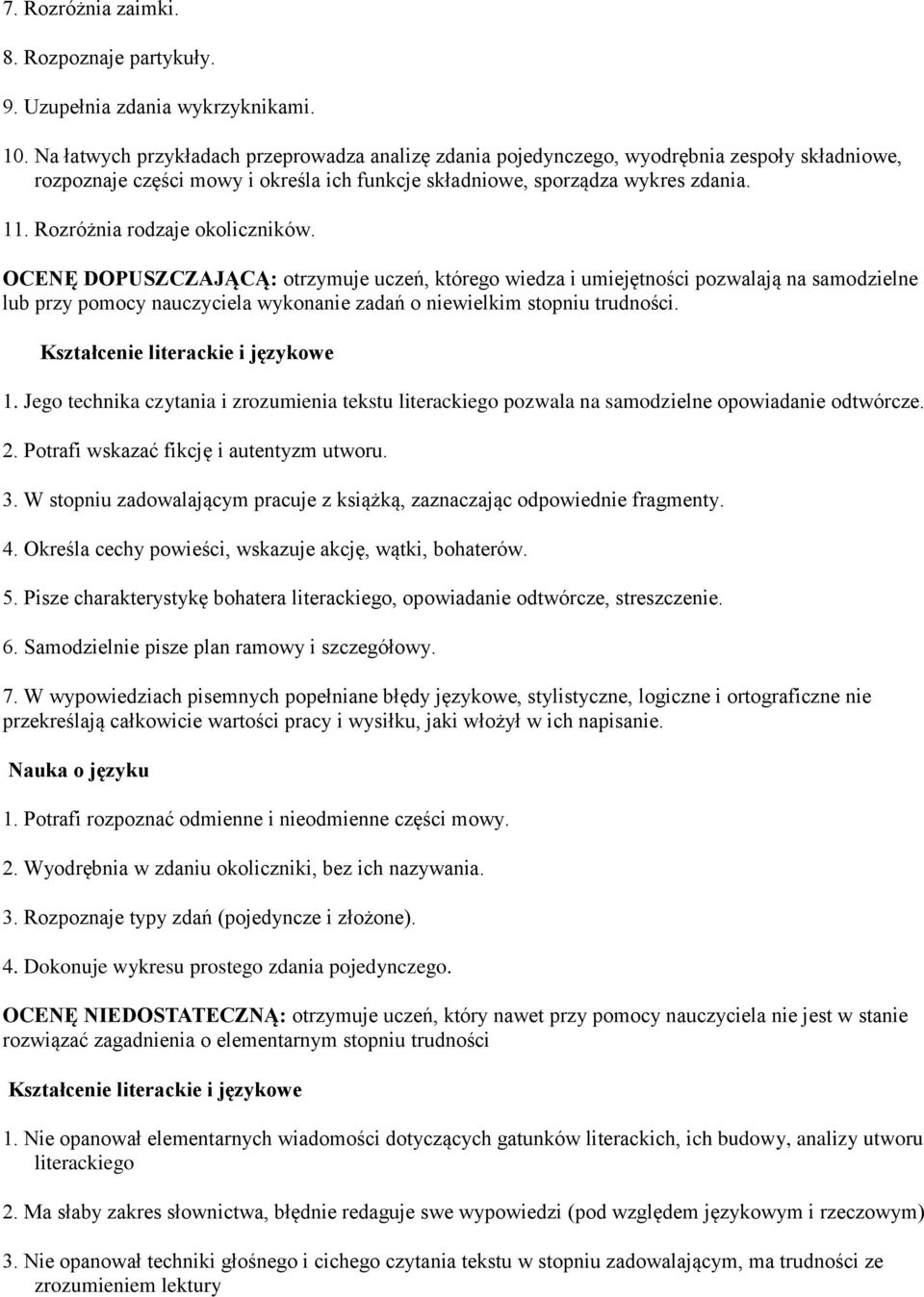 Rozróżnia rodzaje okoliczników. OCENĘ DOPUSZCZAJĄCĄ: otrzymuje uczeń, którego wiedza i umiejętności pozwalają na samodzielne lub przy pomocy nauczyciela wykonanie zadań o niewielkim stopniu trudności.