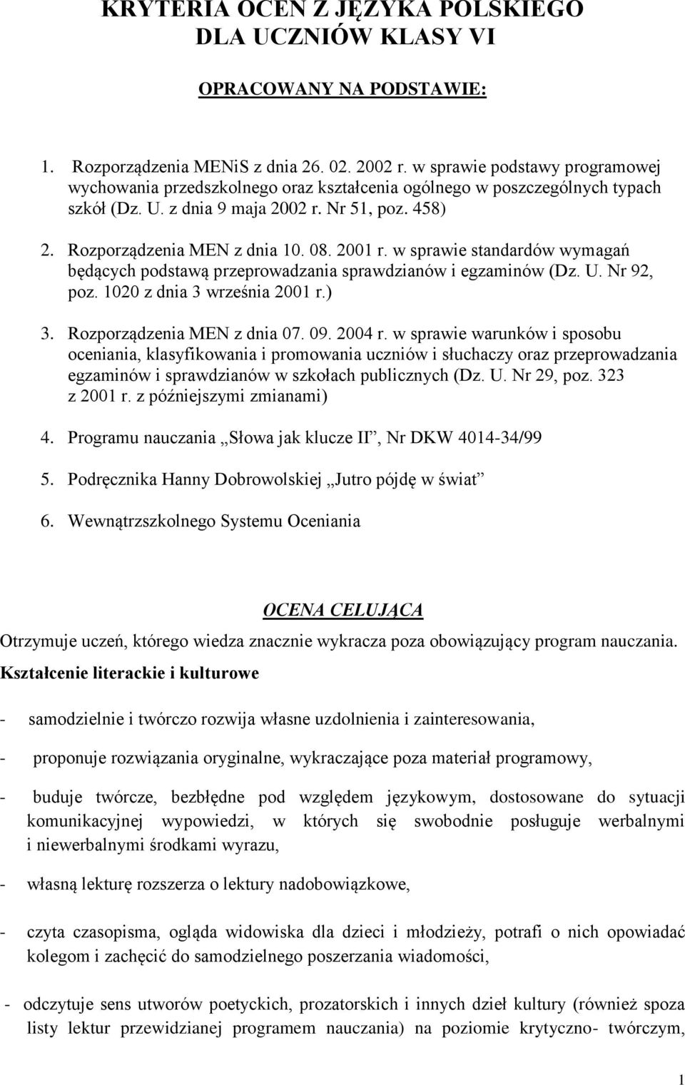 2001 r. w sprawie standardów wymagań będących podstawą przeprowadzania sprawdzianów i egzaminów (Dz. U. Nr 92, poz. 1020 z dnia 3 września 2001 r.) 3. Rozporządzenia MEN z dnia 07. 09. 2004 r.