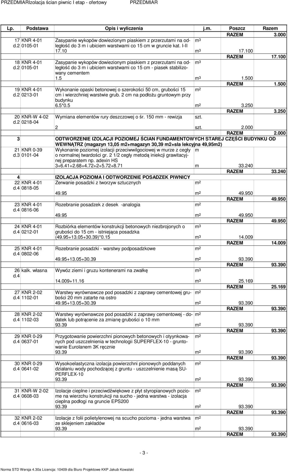 100 18 KNR 4-01 0105-01 Zasypanie wykopów dowiezionym piaskiem z przerzutami na odległość do 3 m i ubiciem warstwami co 15 cm - piasek stabilizowany cementem m 3 1.5 m 3 1.