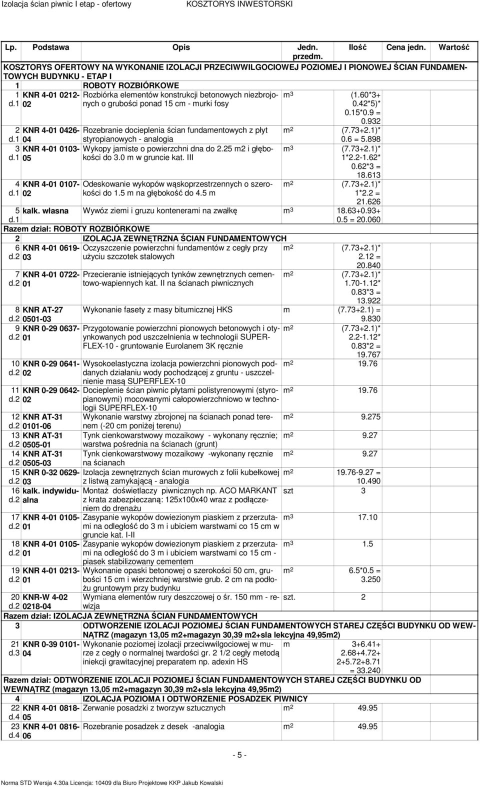 betonowych niezbrojonych m 3 (1.60*3+ d.1 02 o grubości ponad 15 cm - murki fosy 0.42*5)* 0.15*0.9 = 0.932 2 KNR 4-01 0426- Rozebranie docieplenia ścian fundamentowych z płyt (7.73+2.1)* d.