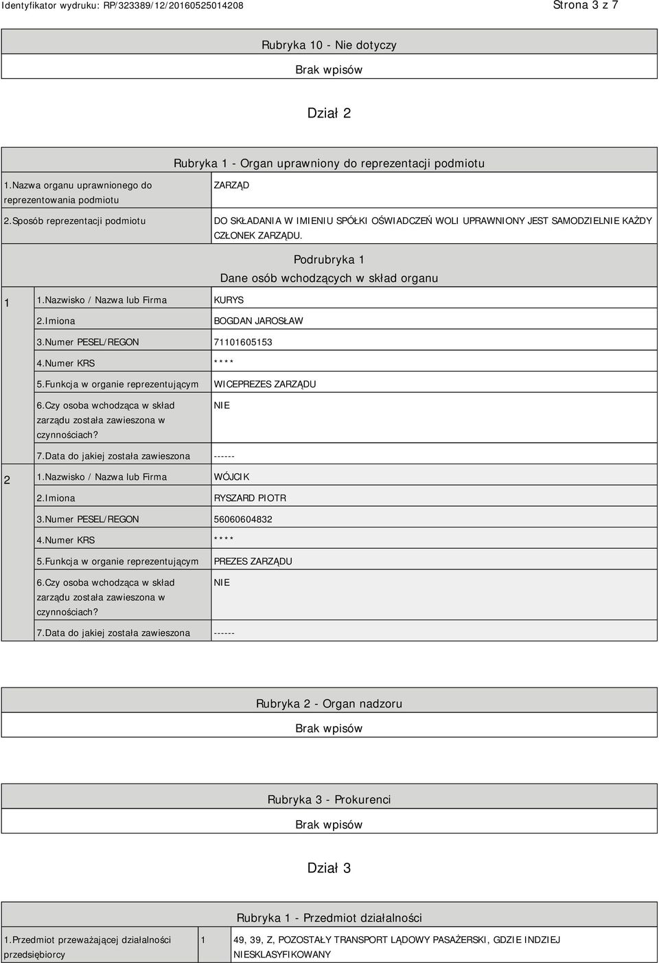 Nazwisko / Nazwa lub Firma KURYS Podrubryka 1 Dane osób wchodzących w skład organu 2.Imiona BOGDAN JAROSŁAW 3.Numer PESEL/REGON 71101605153 4.Numer KRS **** 5.Funkcja w organie reprezentującym 6.