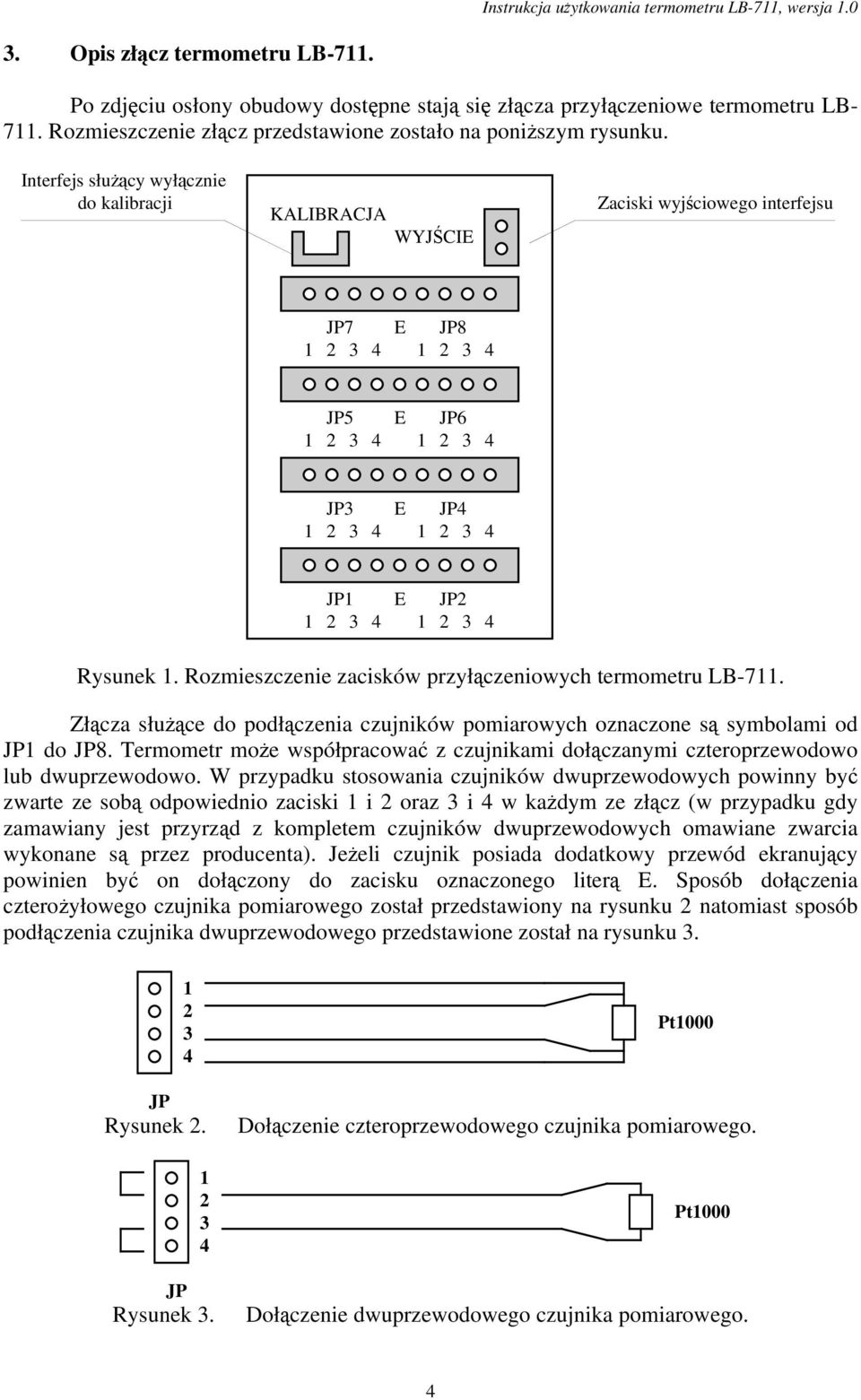 Rozmieszczenie zacisków przyłączeniowych termometru LB-711. Złącza słuŝące do podłączenia czujników pomiarowych oznaczone są symbolami od JP1 do JP8.