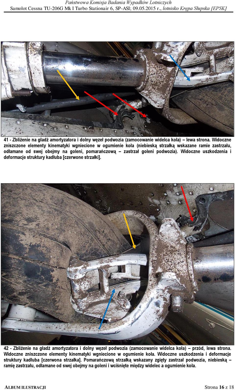 Widoczne uszkodzenia i deformacje struktury kadłuba [czerwone strzałki]. 42 - Zbliżenie na gładź amortyzatora i dolny węzeł podwozia (zamocowanie widelca koła) przód, lewa strona.
