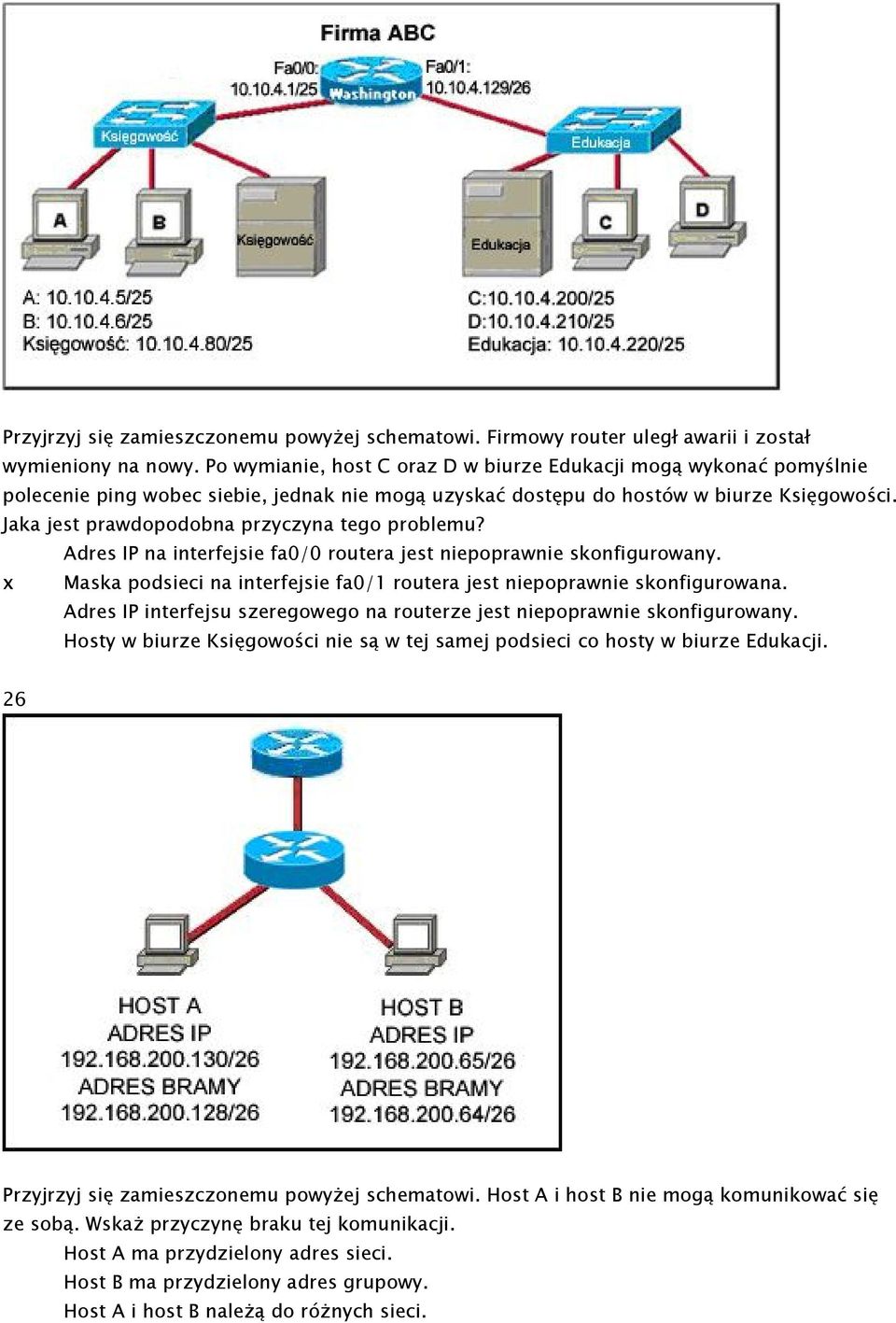 Jaka jest prawdopodobna przyczyna tego problemu? Adres IP na interfejsie fa0/0 routera jest niepoprawnie skonfigurowany. x Maska podsieci na interfejsie fa0/1 routera jest niepoprawnie skonfigurowana.