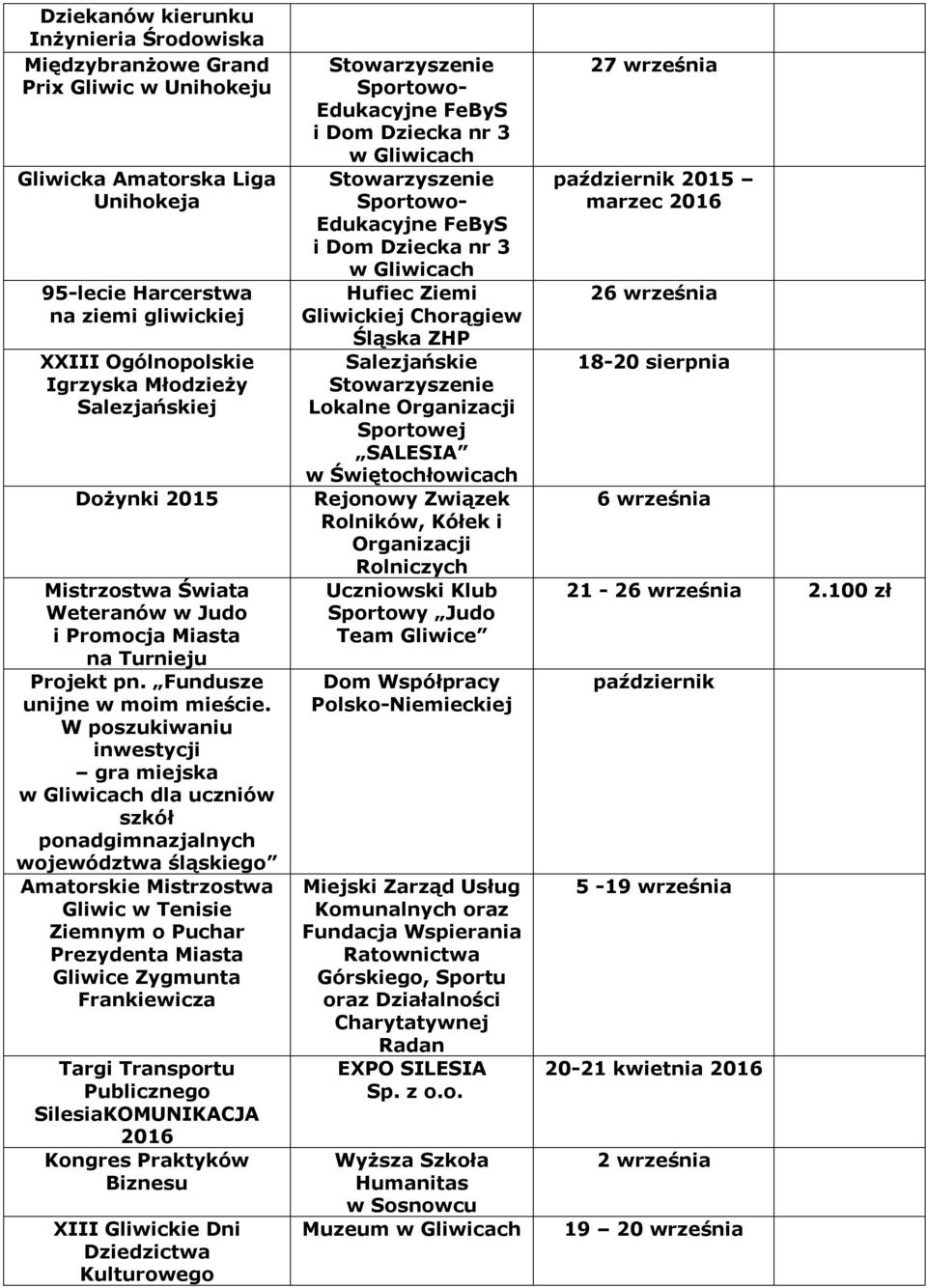 W poszukwanu nwestycj - gra mejska dla ucznów szkół ponadgmnazjalnych województwa śląskego śląskego" Amatorske Mstrzostwa Glwc w Tense Zemnym o Puchar Prezydenta Masta Glwce Zygmunta Frankewcza Targ
