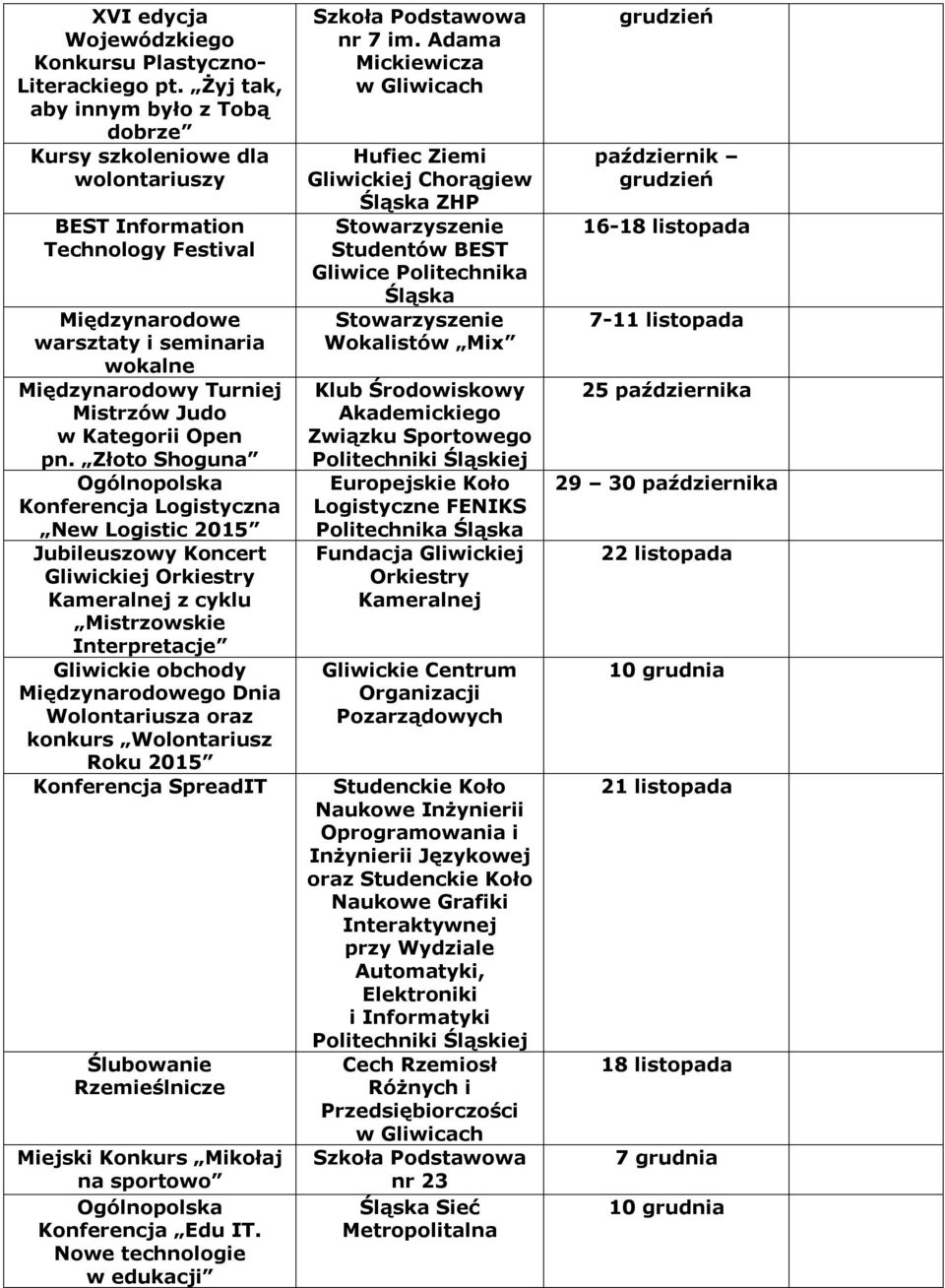 Open Złoto Shoguna Shoguna" Ogólnopolska Konferencja Logstyczna New Logstc 2015 2015" Jubleuszowy Koncert Glwckej Orkestry Kameralnej z cyklu Mstrzowske Interpretacje Interpretacje" Glwcke obchody