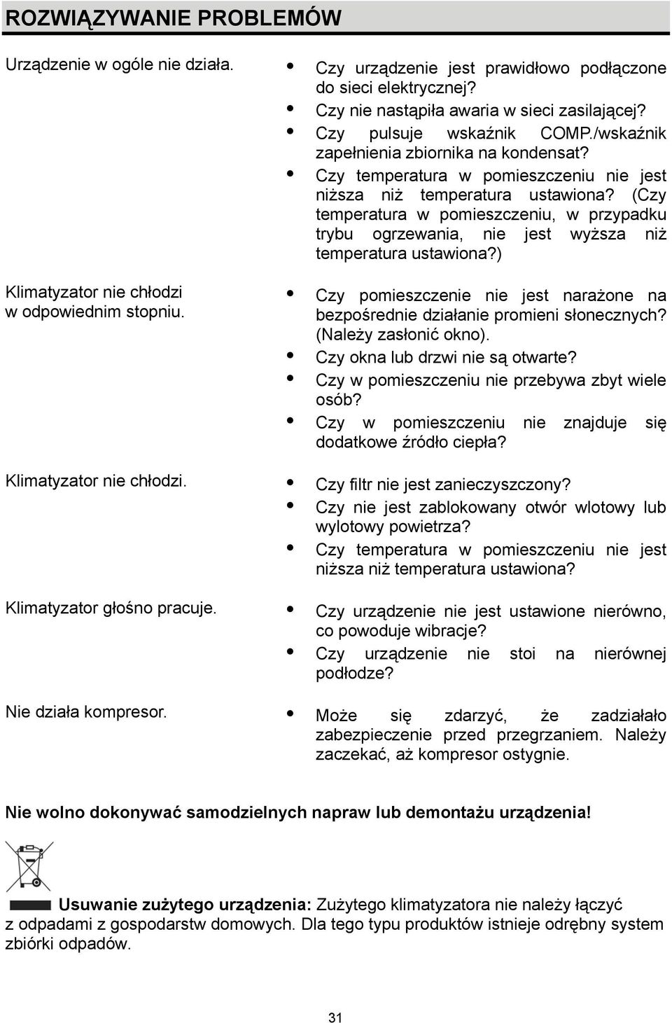 Czy temperatura w pomieszczeniu nie jest niższa niż temperatura ustawiona? (Czy temperatura w pomieszczeniu, w przypadku trybu ogrzewania, nie jest wyższa niż temperatura ustawiona?
