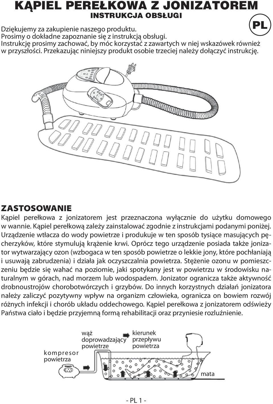 PL ZASTOSOWANIE Kąpiel perełkowa z jonizatorem jest przeznaczona wyłącznie do użytku domowego w wannie. Kąpiel perełkową zależy zainstalować zgodnie z instrukcjami podanymi poniżej.