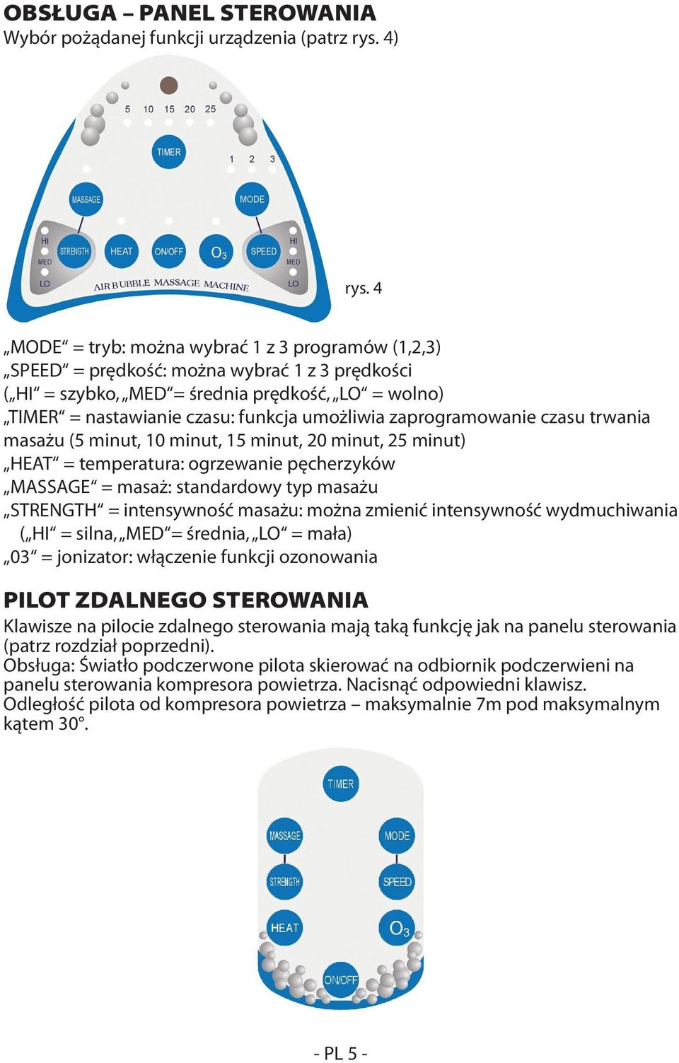 zaprogramowanie czasu trwania masażu (5 minut, 10 minut, 15 minut, 20 minut, 25 minut) HEAT = temperatura: ogrzewanie pęcherzyków MASSAGE = masaż: standardowy typ masażu STRENGTH = intensywność