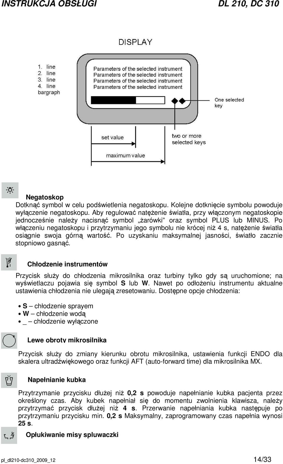 Po włączeniu negatoskopu i przytrzymaniu jego symbolu nie krócej niŝ 4 s, natęŝenie światła osiągnie swoja górną wartość. Po uzyskaniu maksymalnej jasności, światło zacznie stopniowo gasnąć.