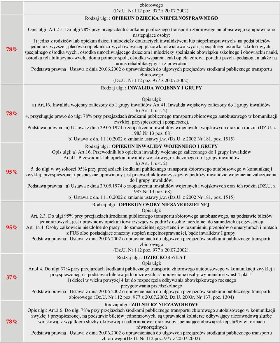 niepełnosprawnych- na podst.biletów jednoraz. wyższej, placówki opiekuńczo-wychowawczej, placówki oświatowo-wych., specjalnego ośrodka szkolno-wych., specjalnego ośrodka wych.