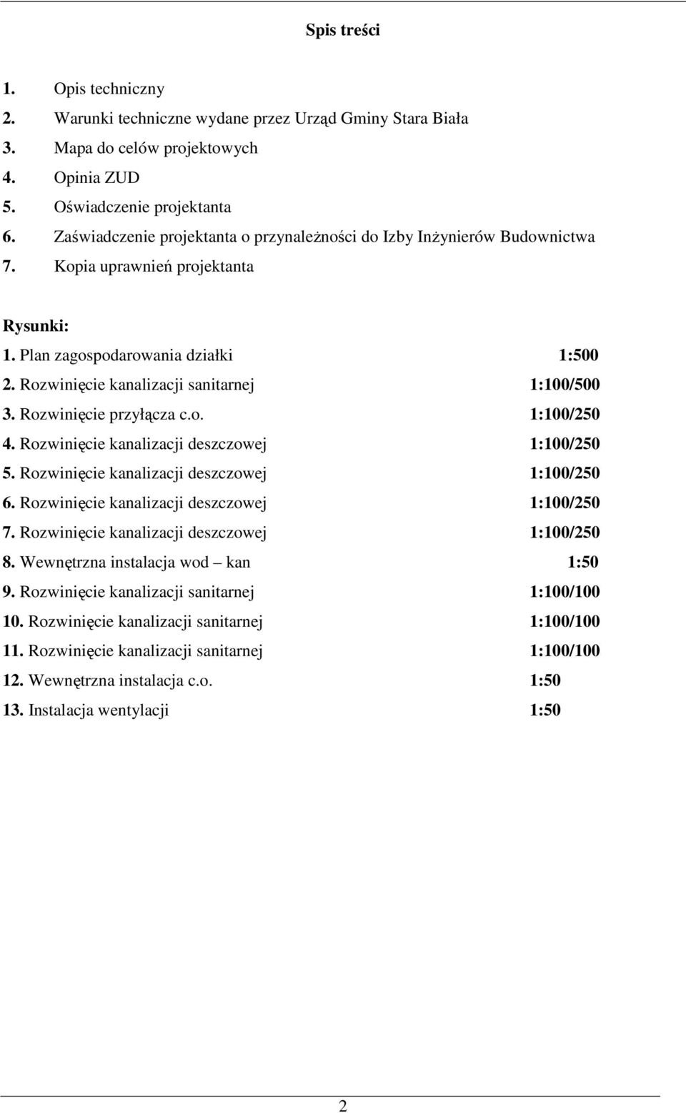 Rozwinięcie kanalizacji sanitarnej 1:100/500 3. Rozwinięcie przyłącza c.o. 1:100/250 4. Rozwinięcie kanalizacji deszczowej 1:100/250 5. Rozwinięcie kanalizacji deszczowej 1:100/250 6.